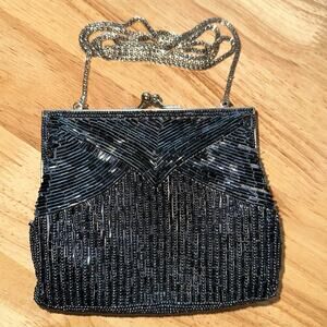 Vintage Magid Women's Pewter Beaded Black Evening Bag Snap Top Chain Strap Purse